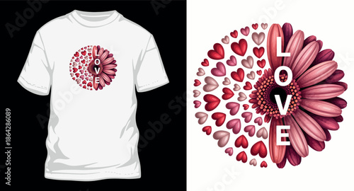 Flower made of hearts and petals spelling love for floral valentines shirt