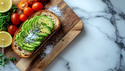 Healthy Avocado Toast with Fresh Tomatoes and Lemon on Marble Background