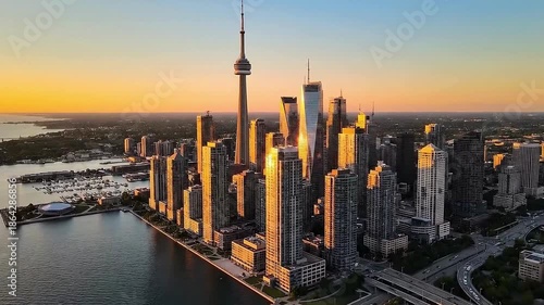 Stunning aerial drone footage of downtown Toronto skyline during golden hour sunset in Ontario