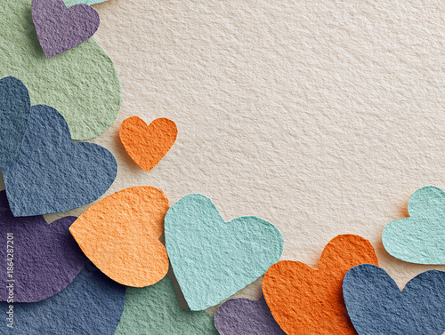 photo invitation with colorful hearts with space for text and light background, texture in the form of watercolor paper