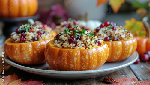Stuffed acorn squash with cranberries and herbs on a wooden table in autumn
