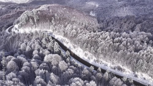 Aerial drone footage of a winding asphalt road passing through a snow-covered forest. A journey through the peaceful scenery of winter with high-quality nature-themed footage.