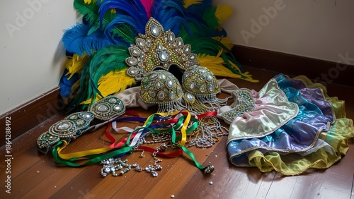 Costumes and Accessories Display, Indoor Room, Photography, Vibrant Atmosphere, Close-Up View, Festive Spirit