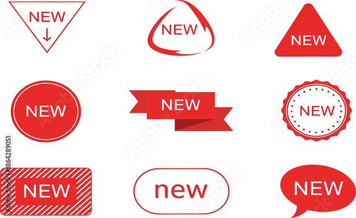 Collection of red new label icons, modern promotional badge set, product marketing tag design, vector sale sticker, digital advertising elements
