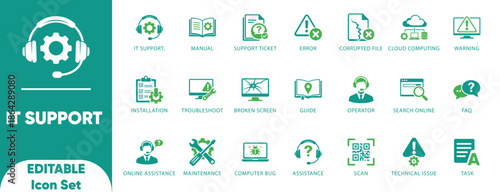 IT Support, Technical Troubleshooting and Computer Maintenance Vector Icon Set
