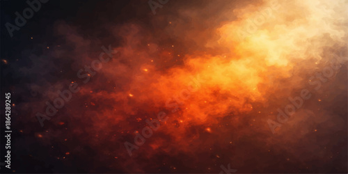 An abstract dark galaxy background features a bright explosion of space with hot red flames, orange smoke, and blue light clouds creating a textured fire storm