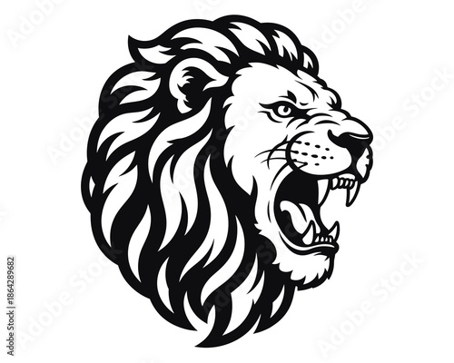 Black and white roaring lion head with sharp teeth and flowing mane growling angry