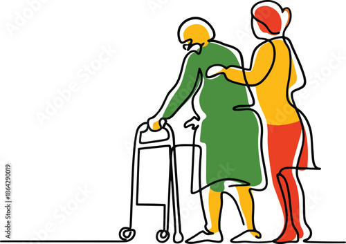 woman helping elderly person with walker isolated on transparent background