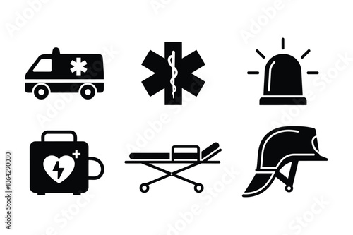 Emergency medical and fire safety services icon set