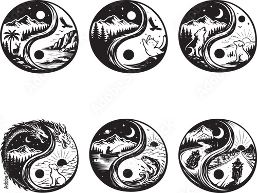 Yin and yang symbols with various natural and animal designs