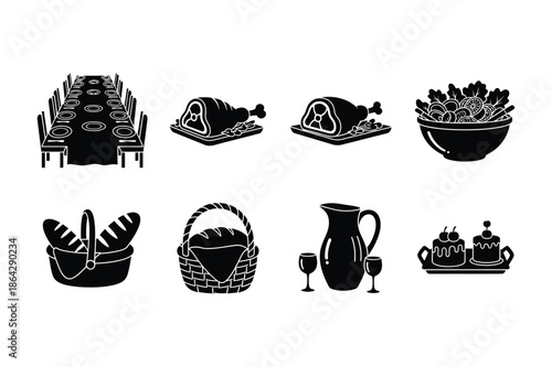 Dining table food basket and restaurant meal icons