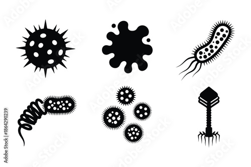 Microorganism bacteria and virus cell silhouette icons