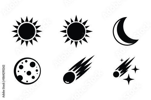 Celestial space icons showing sun moon and comet