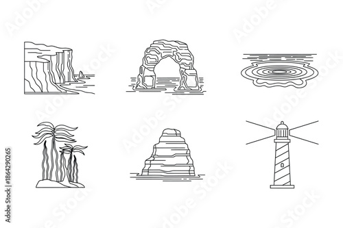Coastal nature landscape line icons including lighthouse