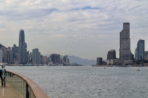 View along Victoria Harbor with Hong Kong Island on the left hand side and Kowloon on the right side 