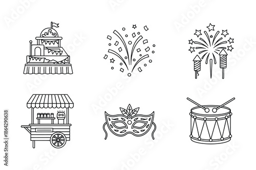Carnival Festival and Celebration Event Outline Icons