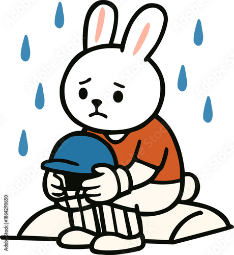 Sad bunny cricket player sitting in rain, disappointed rabbit athlete, vector illustration