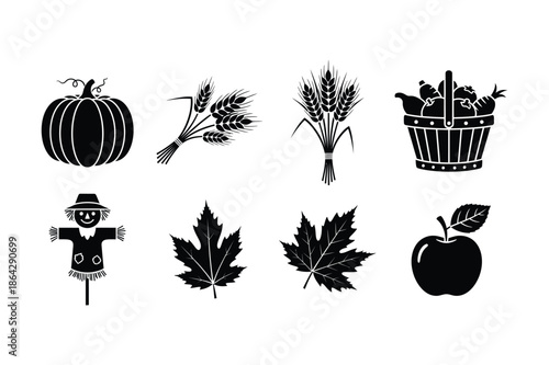 Black autumn harvest and thanksgiving icon set on white background