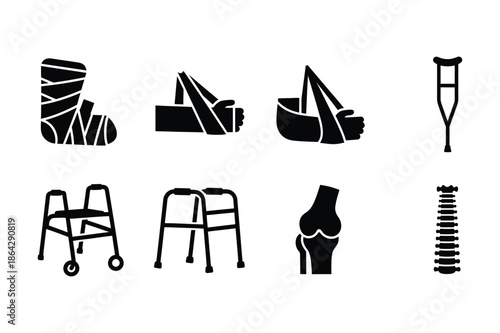 Orthopedic injury and medical rehabilitation aid silhouette icons
