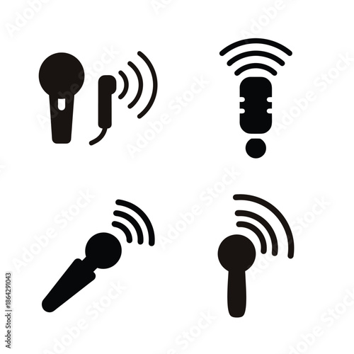 Microphone icon set with sound waves representing audio recording and broadcast