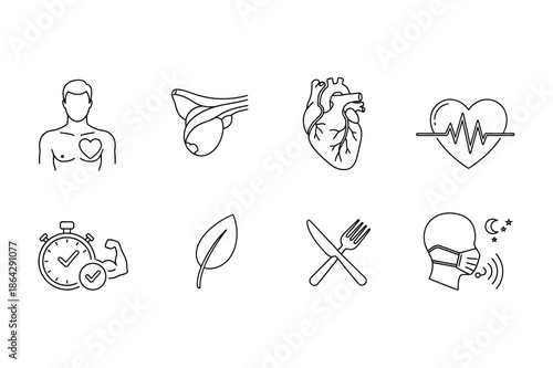 Healthcare Fitness and Healthy Lifestyle Line Icons