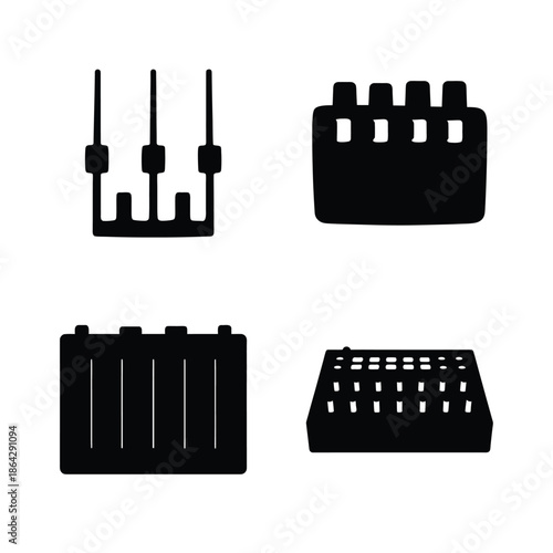 Collection of electronic and audio device silhouettes including faders, power blocks, and controllers