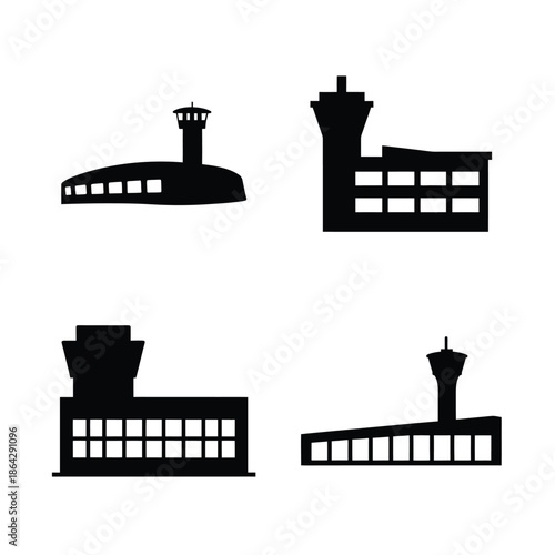 Collection of airport terminal and control tower silhouettes for aviation themes