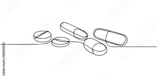Pills medicine one continuous line drawing. Vector illustration isolated. Minimalist design hand drawn. one line Icon drawing, Heap of round medical pills drawn as a single continuous line