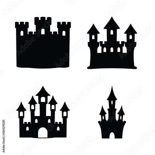 A collection of four distinct black castle and fortress silhouettes against a pristine white backdrop
