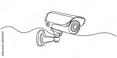 One Line Drawing of CCTV Camera - Traffic Monitoring and Security Concept in Minimalist Style, Single continuous line drawing cctv with a round shape installed on the side of the highway to monitor