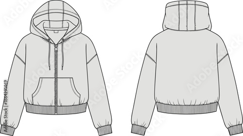 Zip-up hoodie front back view, kangaroo pocket, drawstring hood, cad drawing flat vector, fashion sketch, garment construction illustration