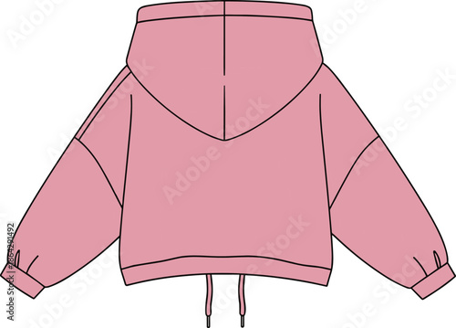 Pink cropped hoodie back view, drawstring hem, cad drawing flat vector, fashion sketch, garment construction illustration, apparel design