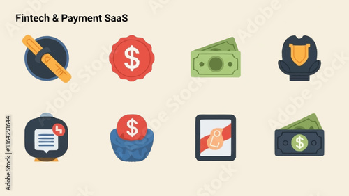 Collection of Fintech and Payment SaaS Icons Representing Financial Transactions and Services.