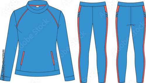 Athletic outfit front back view, sportswear fashion sketch, cad drawing flat vector, activewear design, leggings and top illustration