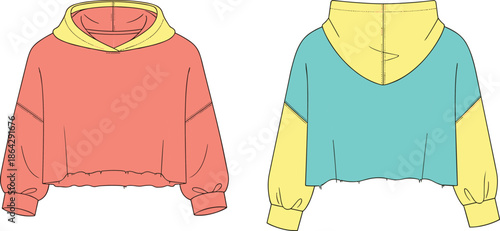 Color block hoodie front back view, casual fashion sketch, trendy garment illustration, cad drawing flat vector, youth streetwear design