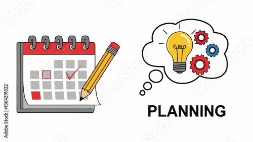 Planning and organization with calendar and thought bubble.