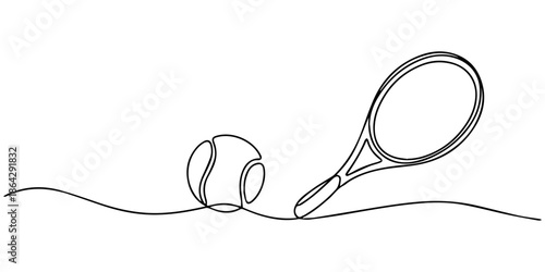 Continuous line drawing of the tennis racket symbol concept. Tennis ball for sports match Vector illustration, Tennis racket one line art. Continuous line drawing of tennis. one line Icon drawing