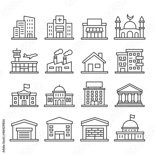 Modern Corporate Office and Apartment Icon Set – Outline Business Buildings, Urban Architecture Symbols
