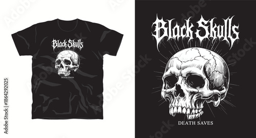 Black skulls illustration with distressed text death saves
