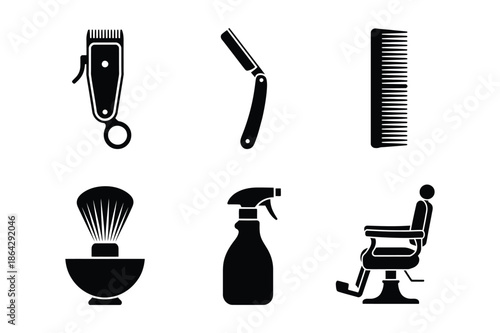 Vintage Barber Shop Tools and Hair Salon Equipment Icons