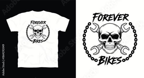 Forever bikes motorcycle apparel design with skull and crossed wrenches illustration