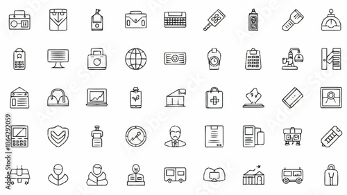 Collection of simple line icons representing various digital concepts and office supplies.