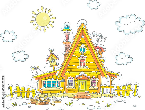 Cozy little wooden house with a verandah and a fence with remains of winter snow on a warm sunny spring day in countryside, vector cartoon illustration on white