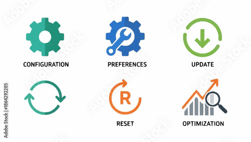 Six icons representing software settings and optimization.