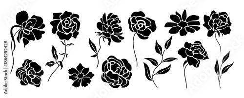 Set of black floral silhouettes with roses and ornamental flowers. Flat vector illustrations isolated on transparent background for decorative design use.