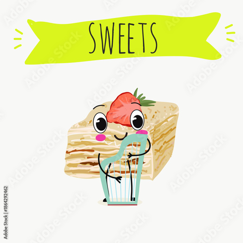 Funny Characters Turkish Tavuk Gogsu, Gullach, dessert, Eastern sweets. Hand drawn vector illustration.
