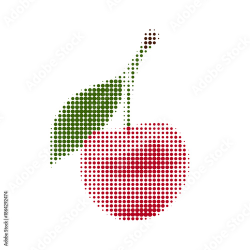Halftone illustration of cherry with green leaves in pop art style. Retro dotted texture effect, bright red and green colors, isolated on white background, stylized fruit design.