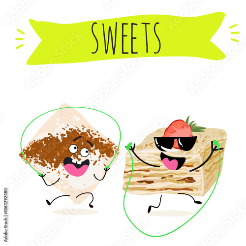 Funny Characters Turkish Tavuk Gogsu, Gullach, dessert, Eastern sweets. Hand drawn vector illustration.