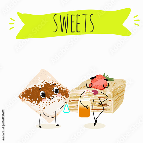 Funny Characters Turkish Tavuk Gogsu, Gullach, dessert, Eastern sweets. Hand drawn vector illustration.