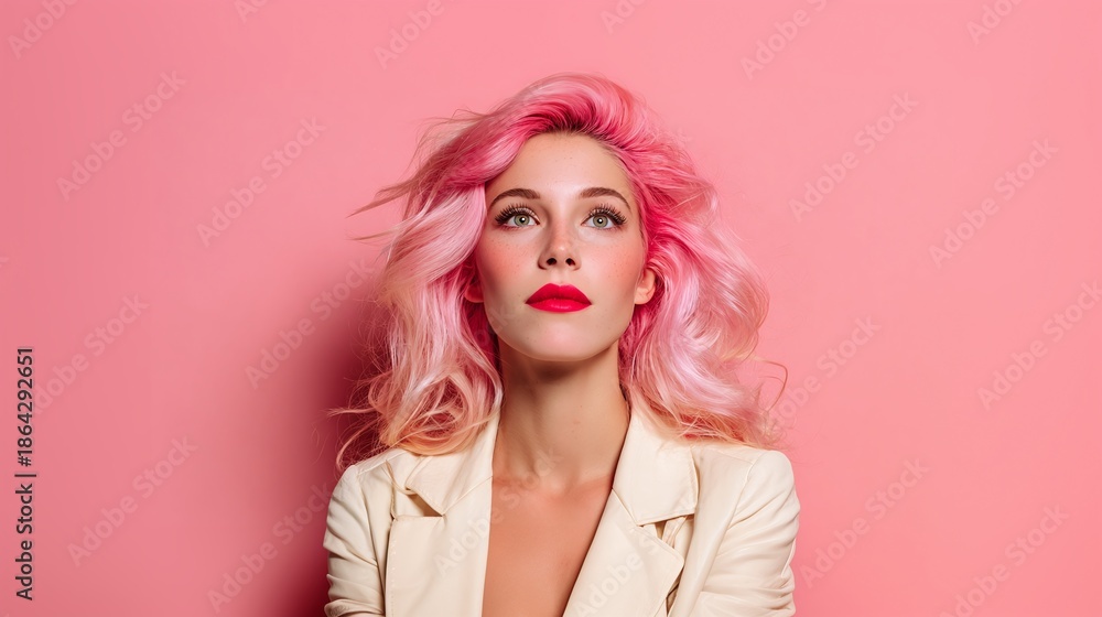 © Oleksandr - A portrait of a pretty woman with stunning pink hair is set against a rosy backdrop, showcasing her vibrant style and her captivating gaze pointed upwards. Her jacket adds a touch of elegance.
